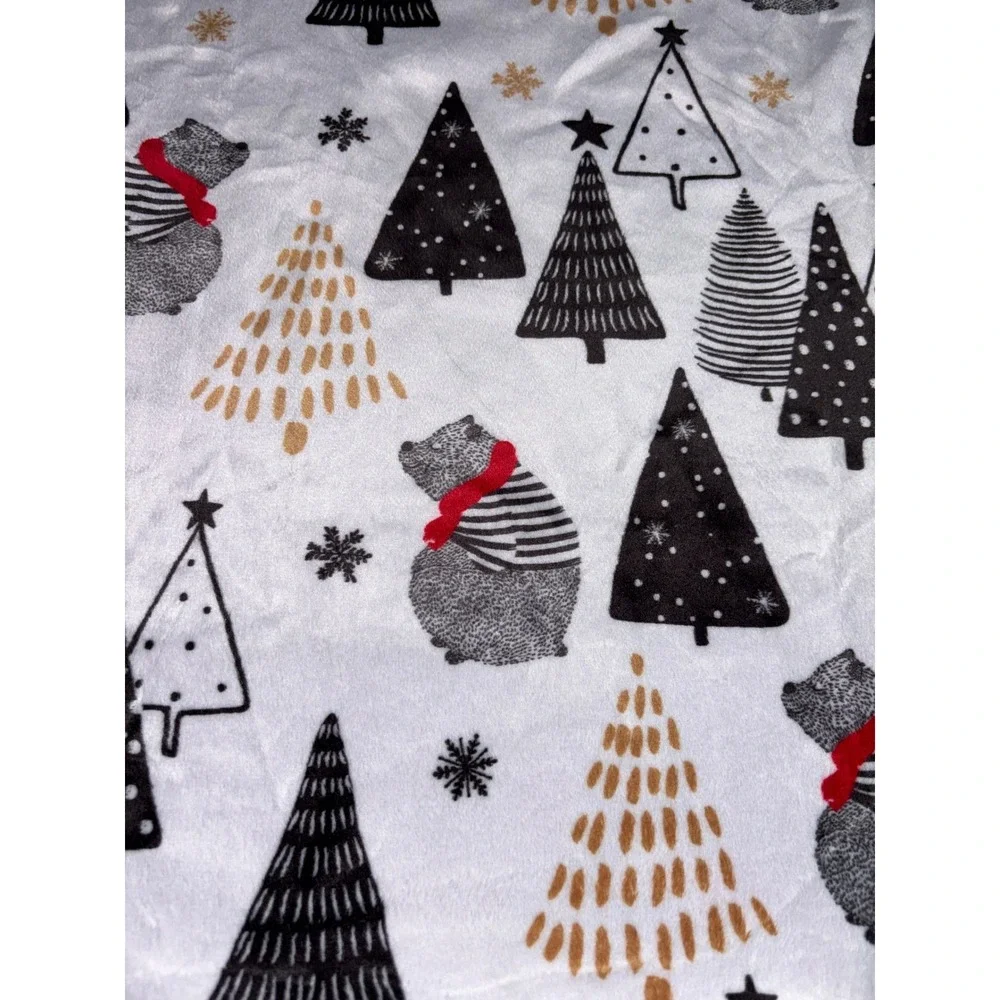 Minky Couture Christmas Bear Tree Plush Pillowcase White Black Gold Red 31x19
